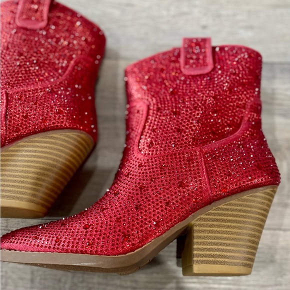 Red Rhinestone Cowgirl Sparkling Pull-on Christmas Party Forever Ankle Booties - Picture 8 of 8